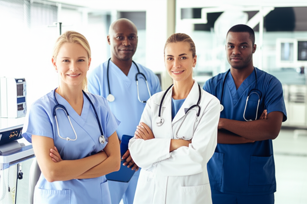 A diverse team of healthcare professionals collaborating in a modern clinical setting.